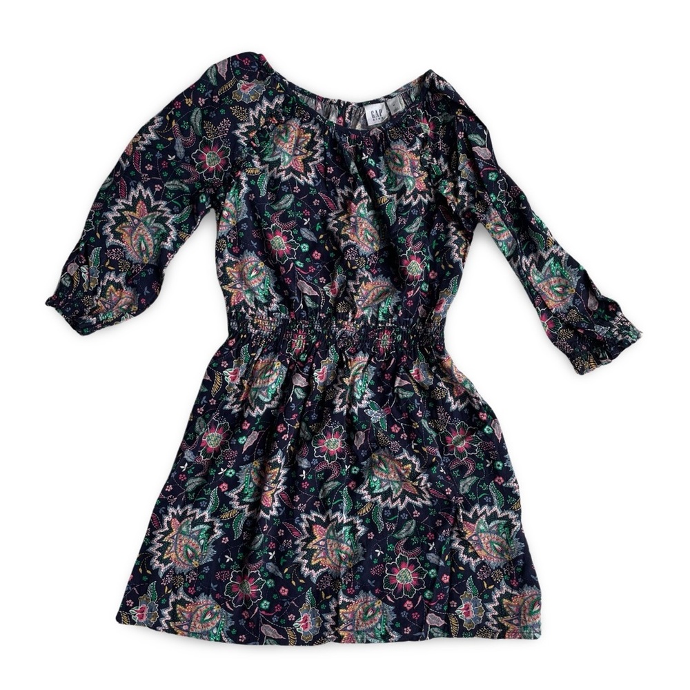 Gap Kids 3/4-Long Sleeve Paisley Navy Blue Dress, Size M (8-9), Rayon/Viscose
